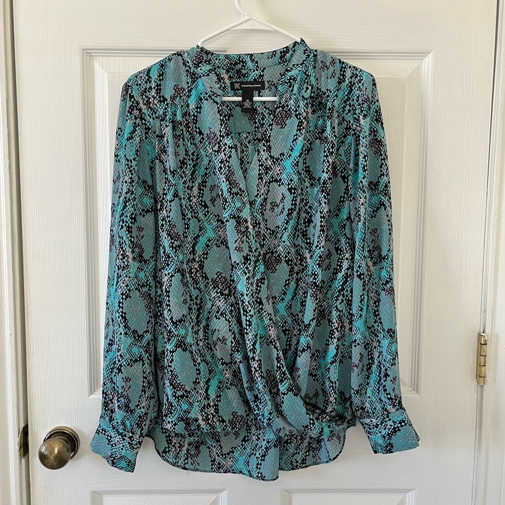 INC International Concepts Teal and Black Snake Print Blouse